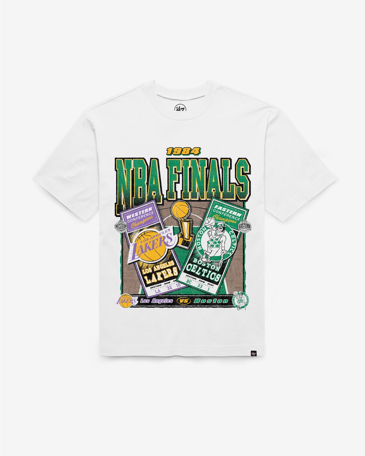LOS ANGELES LAKERS VS. BOSTON CELTICS 1984 NBA FINALS DUELING COURT MATCHUP '47 FOUNDATION TEE