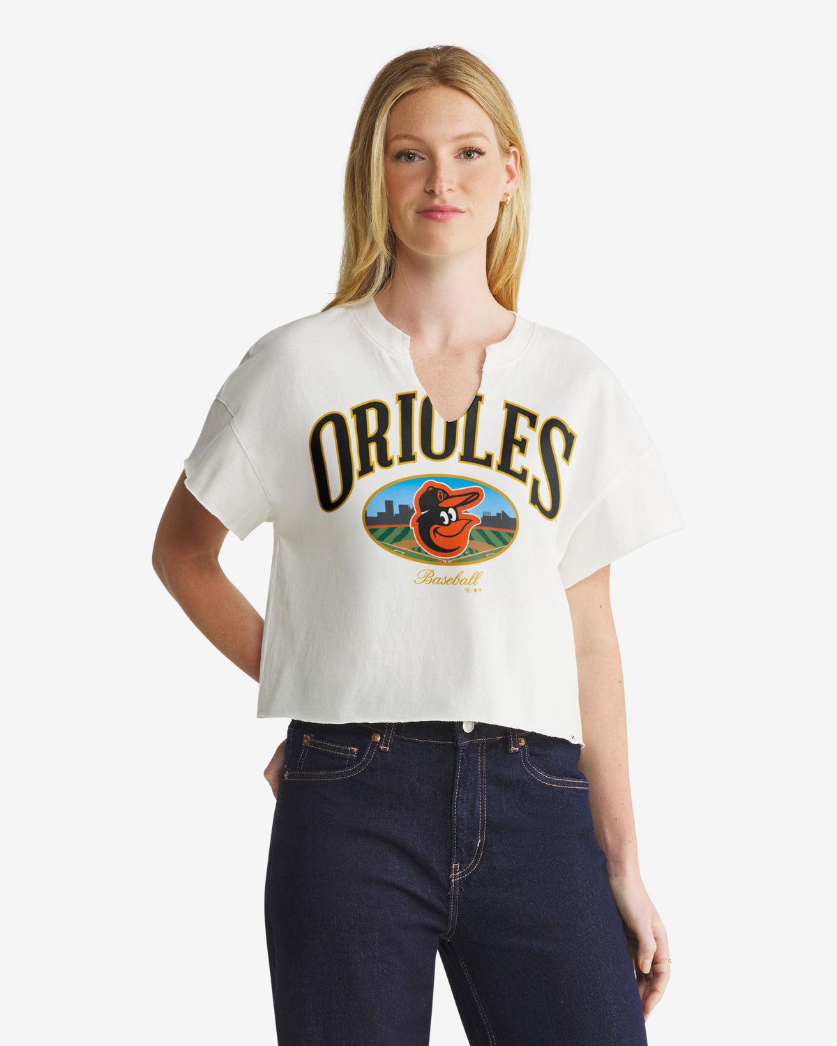 BALTIMORE ORIOLES OPEN CITY '47 OVERSIZED NOTCH NECK TEE WOMENS