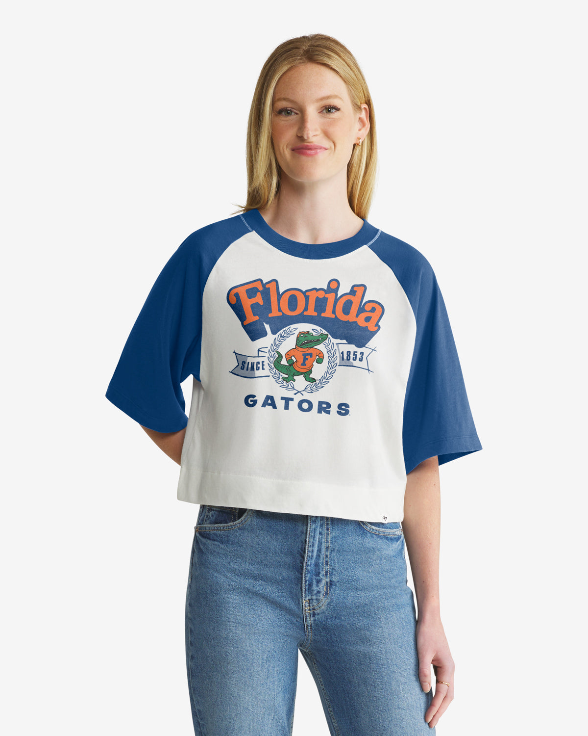 FLORIDA GATORS VINTAGE INFIELD SHIFT '47 RAGLAN CROP TEE WOMENS