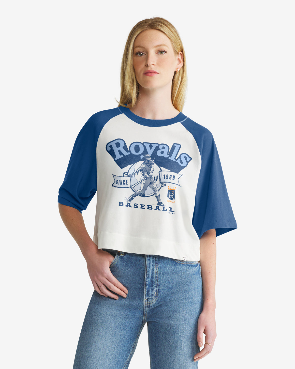 KANSAS CITY ROYALS COOPERSTOWN INFIELD SHIFT '47 RAGLAN CROP TEE WOMENS