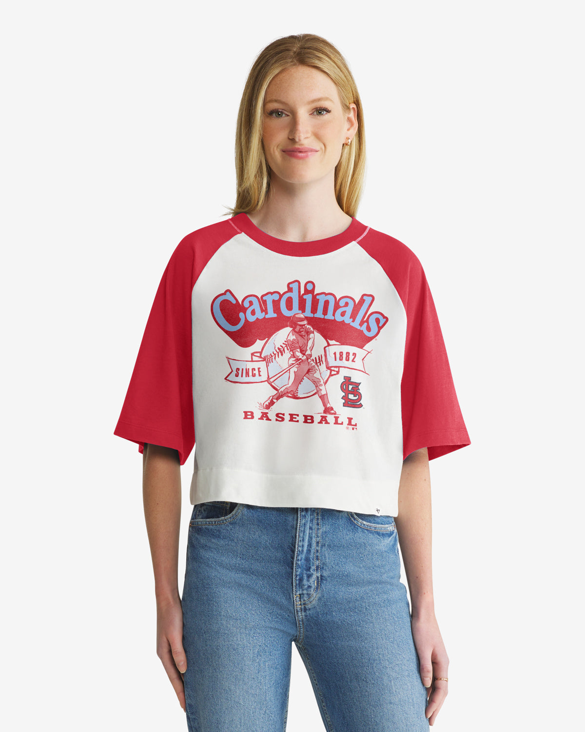 ST. LOUIS CARDINALS COOPERSTOWN INFIELD SHIFT '47 RAGLAN CROP TEE WOMENS