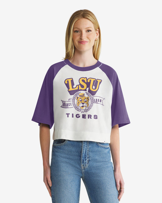 LOUISIANA STATE TIGERS LSU VINTAGE INFIELD SHIFT '47 RAGLAN CROP TEE WOMENS
