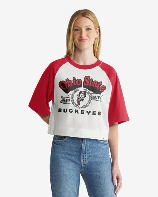 OHIO STATE BUCKEYES VINTAGE INFIELD SHIFT '47 RAGLAN CROP TEE WOMENS