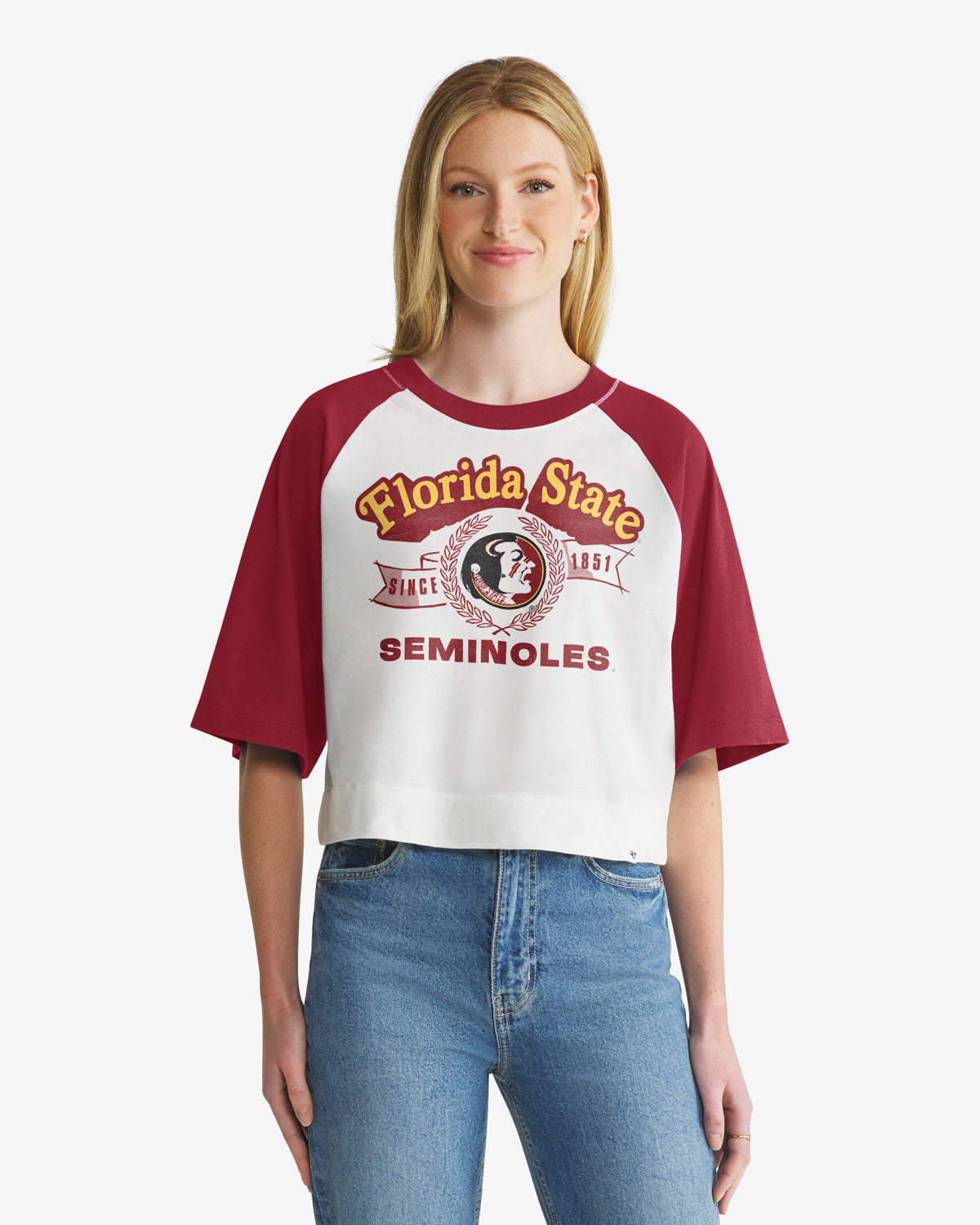 FLORIDA STATE SEMINOLES VINTAGE INFIELD SHIFT '47 RAGLAN CROP TEE WOMENS